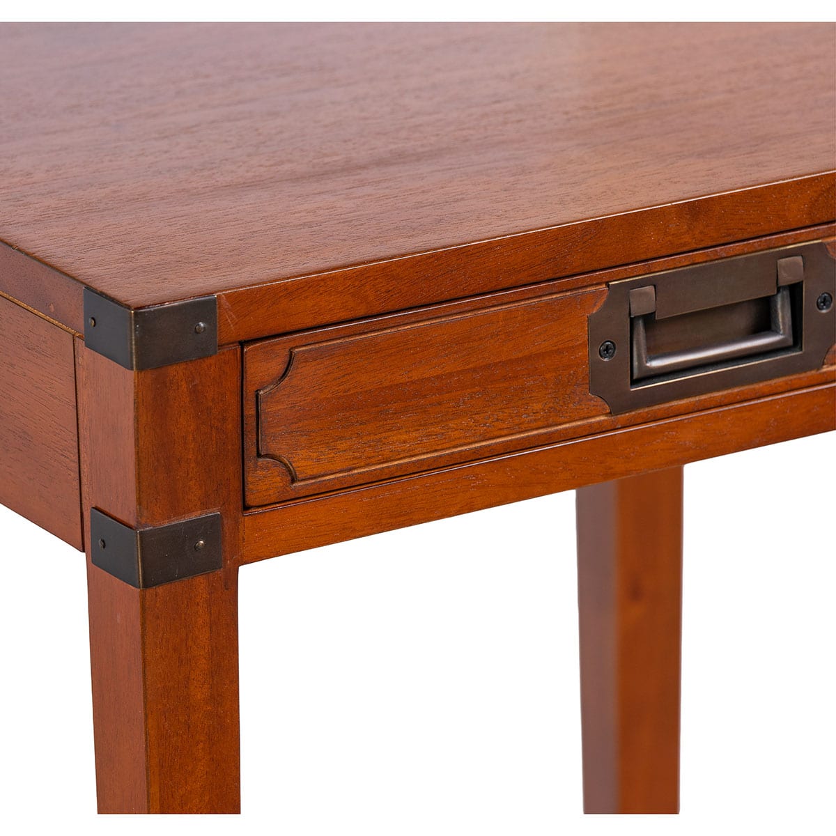 One drawer campaign style side table, front view, bronze hardware.