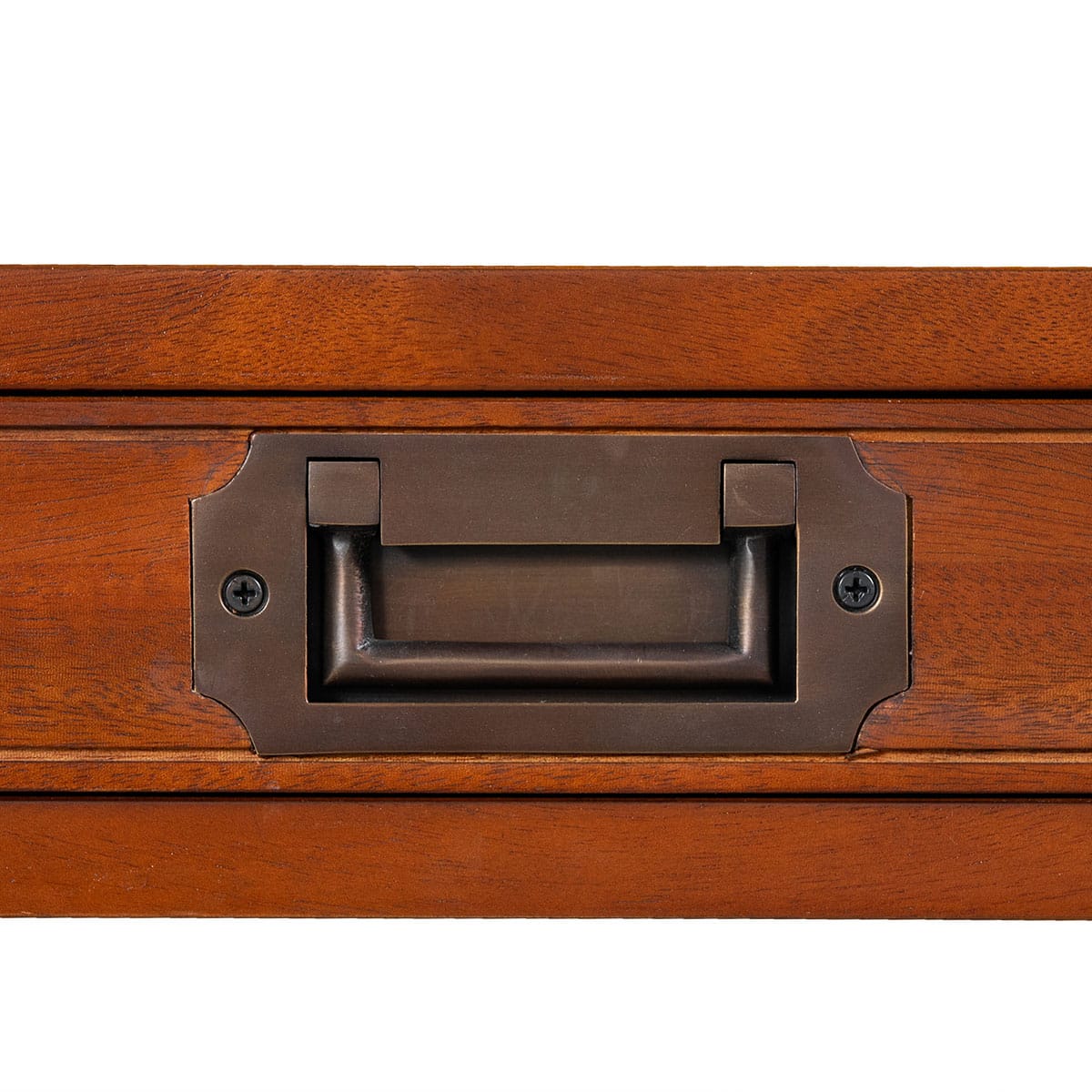 Close-up of One Drawer Campaign Style Night Stand with Bronze Hardware, featuring rich wood tones and elegant drawer pull.