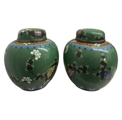 Pair of Vintage Green Cloisonne Lidded Jars