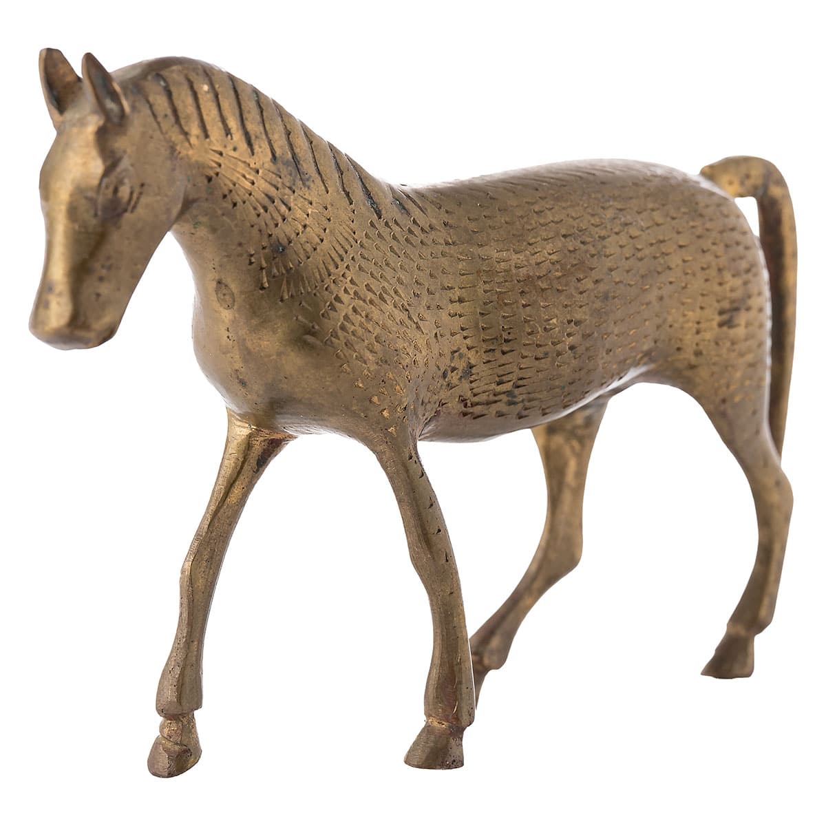 Side view of vintage brass horse sculpture with intricate details.