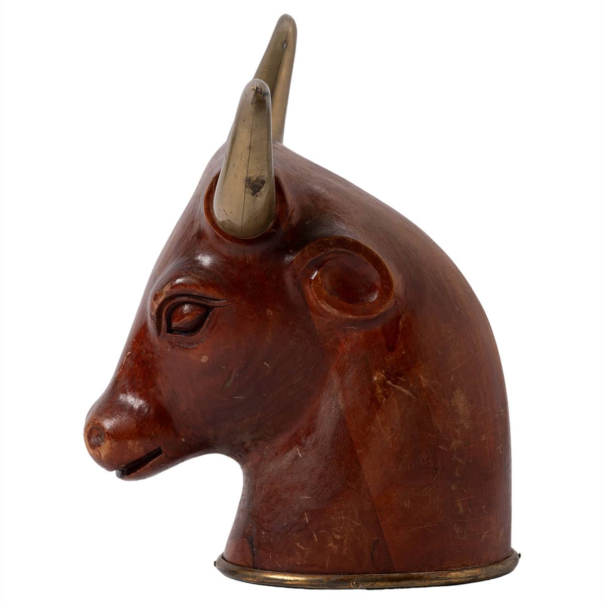 Vintage Mid-Century Spanish Bull Head Sculpture with Brass Horns, Circa 1960s