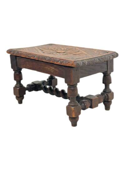 Antique English Carved Oak Petite Stool
