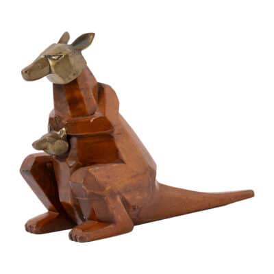 Antique Cubist Wood and Brass Kangaroo with Baby
