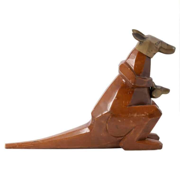 Antique Cubist Wood and Brass Kangaroo with Baby - Image 4