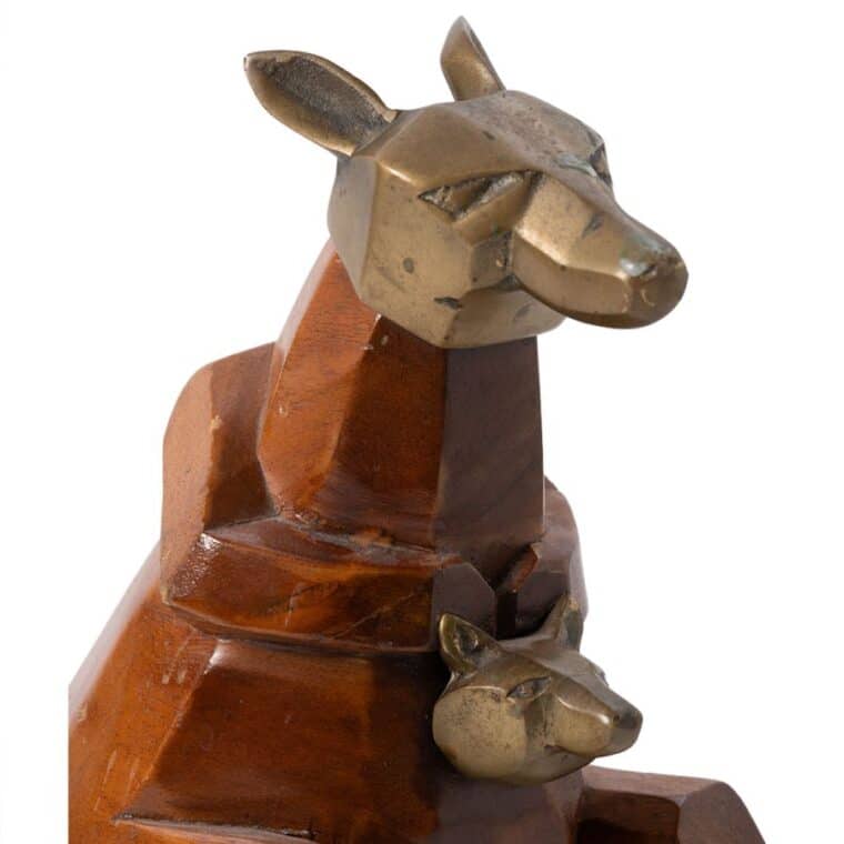 Antique Cubist Wood and Brass Kangaroo with Baby - Image 7