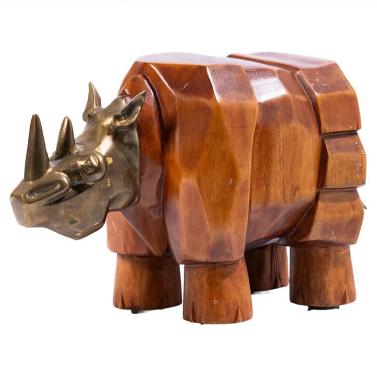 Vintage Spanish Wood Rhino with Brass - Image 2