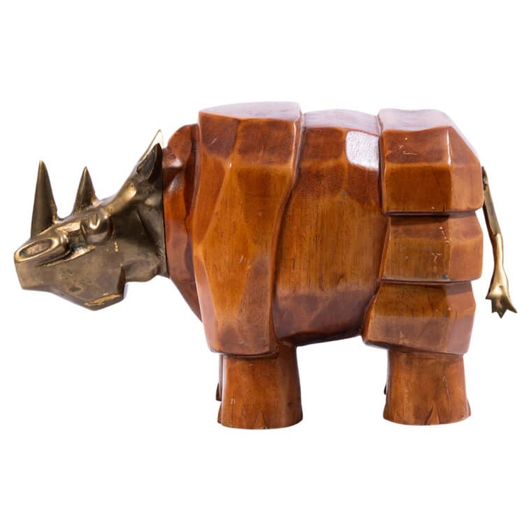 Vintage Spanish Wood Rhino with Brass - Image 3