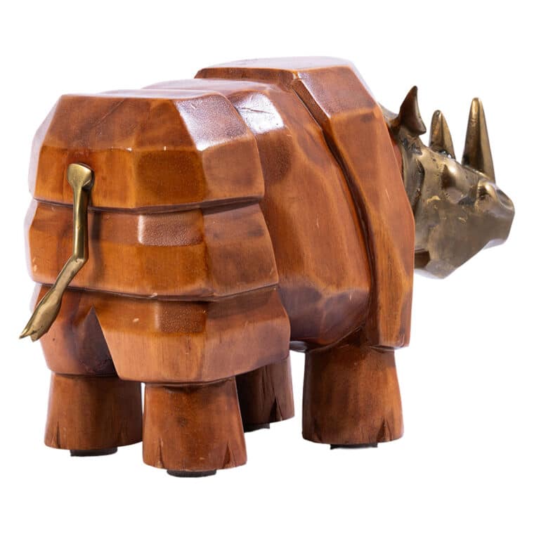 Vintage Spanish Wood Rhino with Brass - Image 4