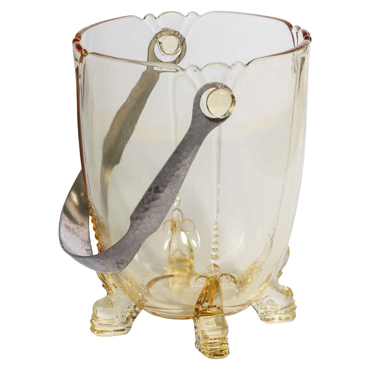 Close-up of Vintage Amber Glass Ice Bucket with Hammered Metal Handle.