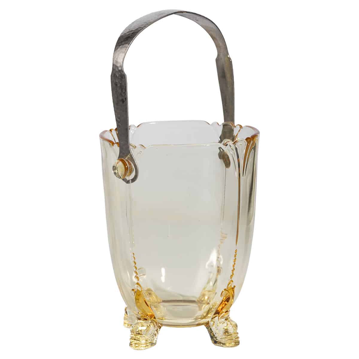 Close-up of vintage glass ice bucket with amber hue and hammered metal handle.