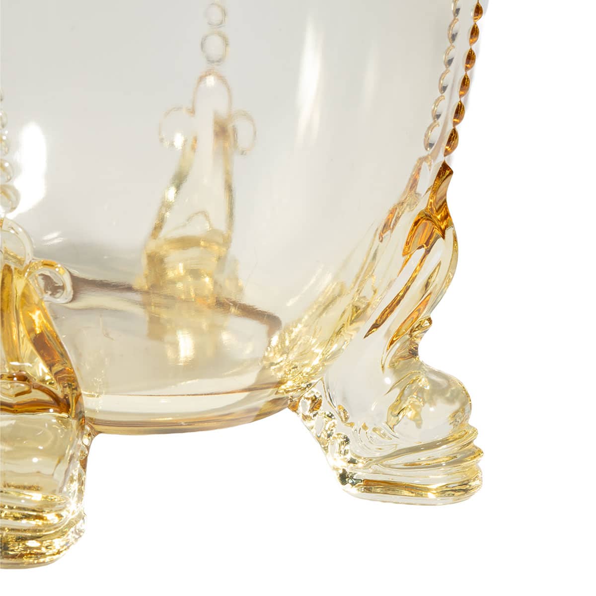 Close-up of Amber Glass Vintage Ice Bucket with Hammered Metal Handle.