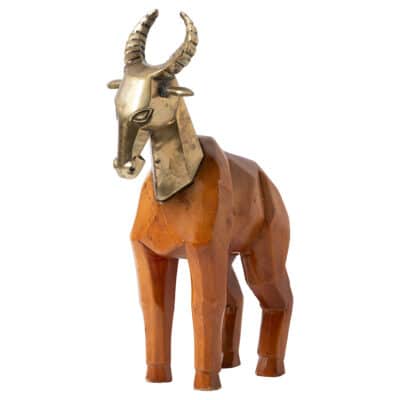 Vintage Carved Wood and Brass Antelope