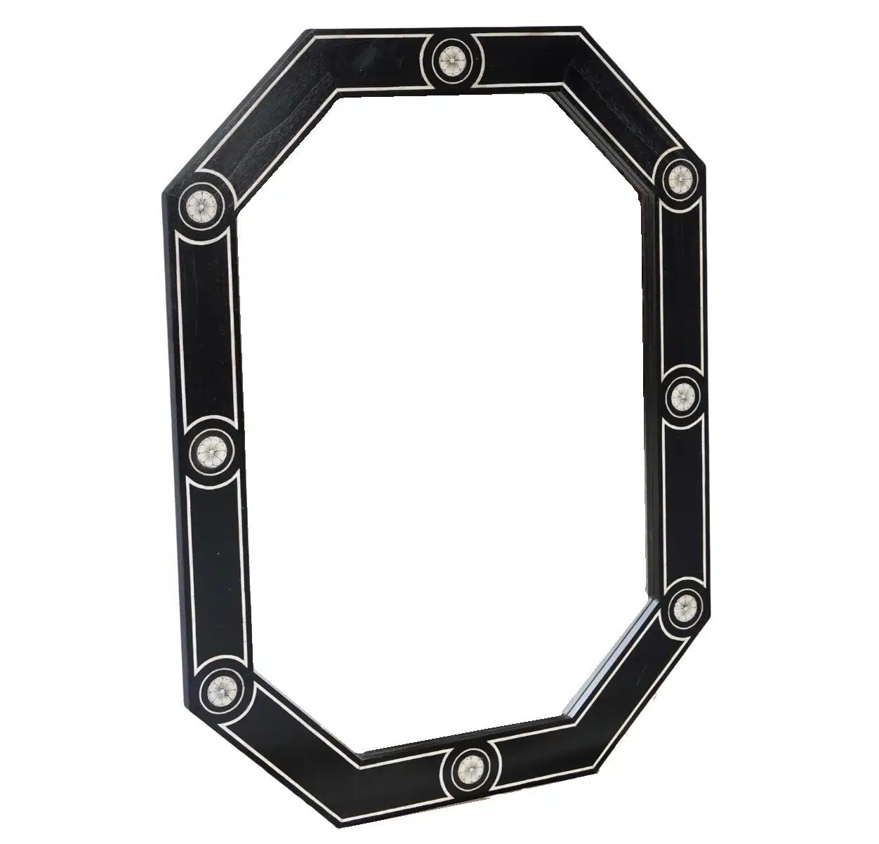 Close-up of Diego Black Mirror showcasing circular inset inlay detail.
