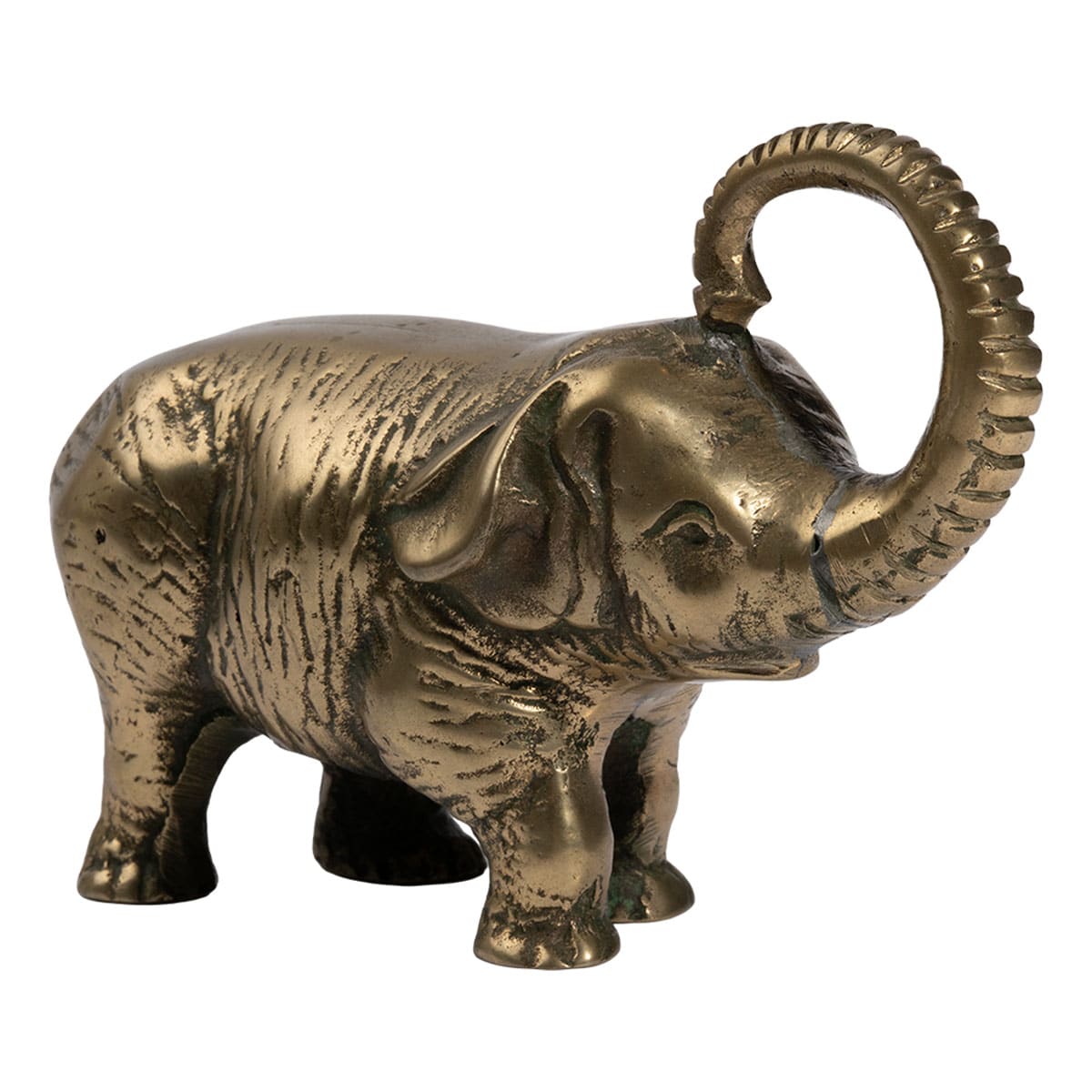 Aged greenish patina on vintage cast iron elephant sculpture with extended trunk.