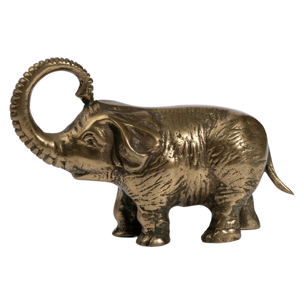 Brass elephant sculpture with extended trunk and vintage patina.