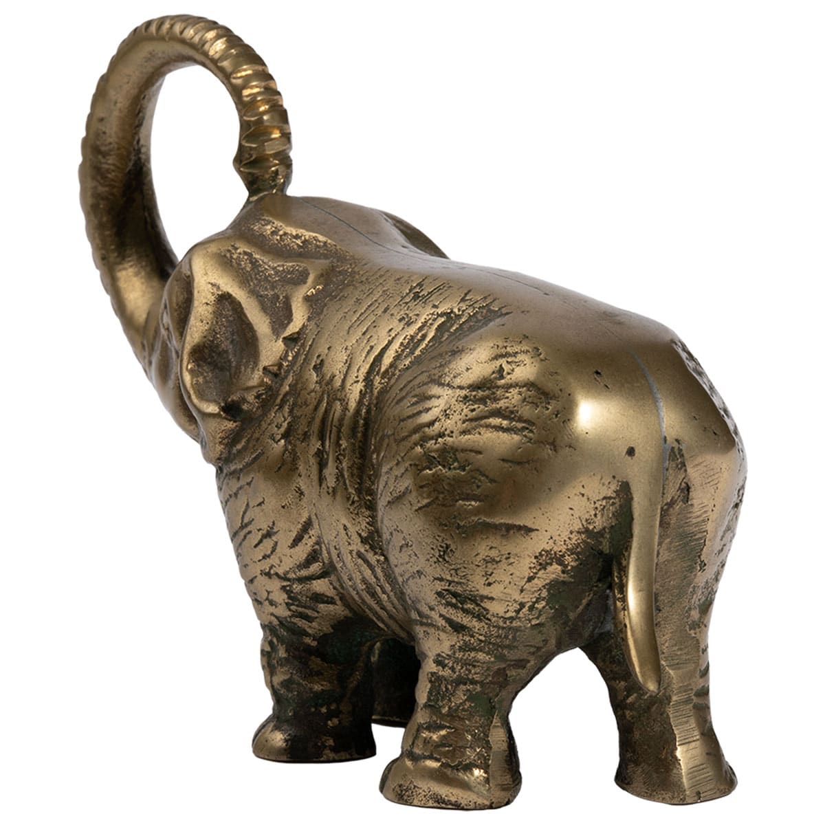 Vintage cast iron elephant sculpture with aged greenish patina, extended trunk, and small size.