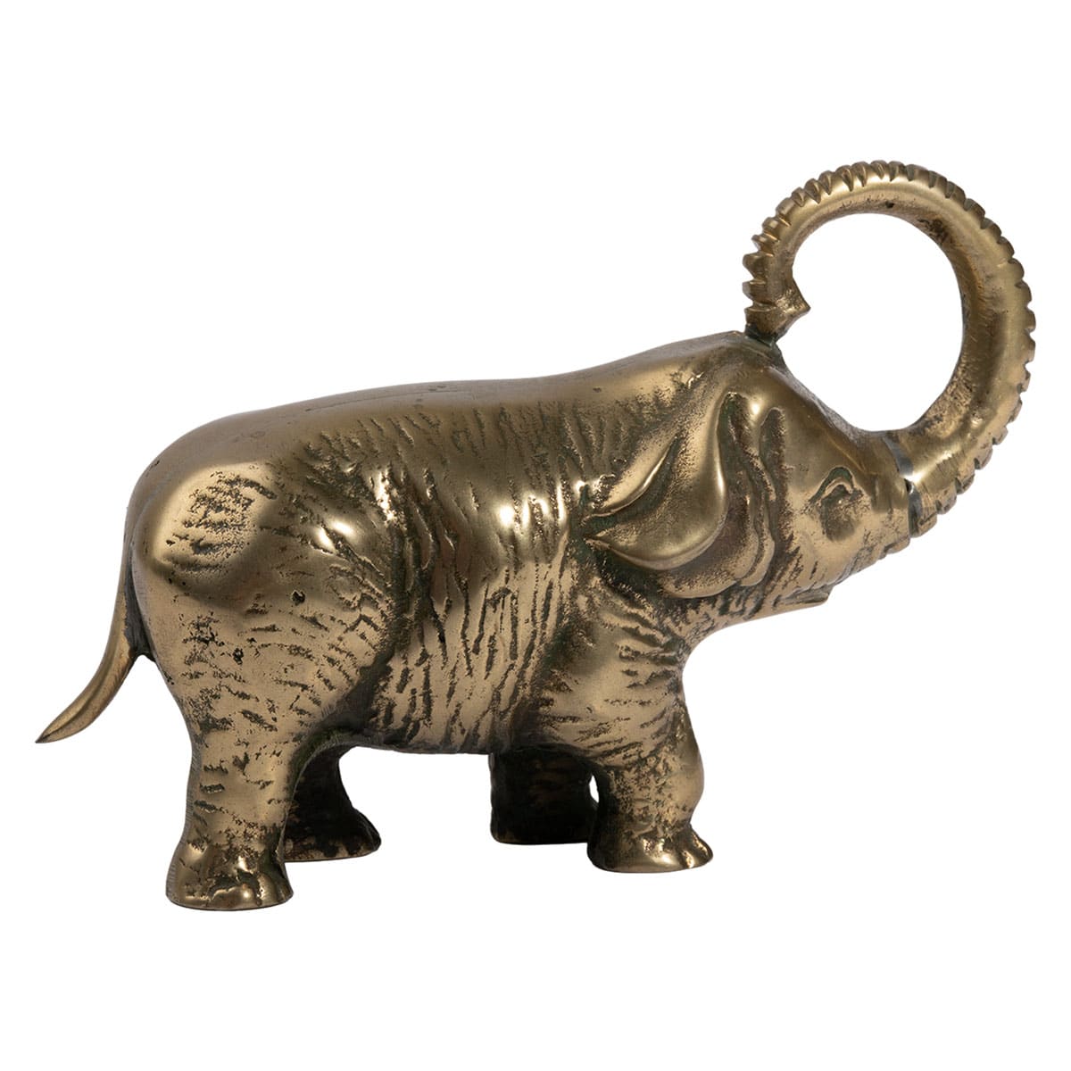 Small vintage cast iron elephant sculpture in greenish patina, showcasing intricate details and extended trunk.