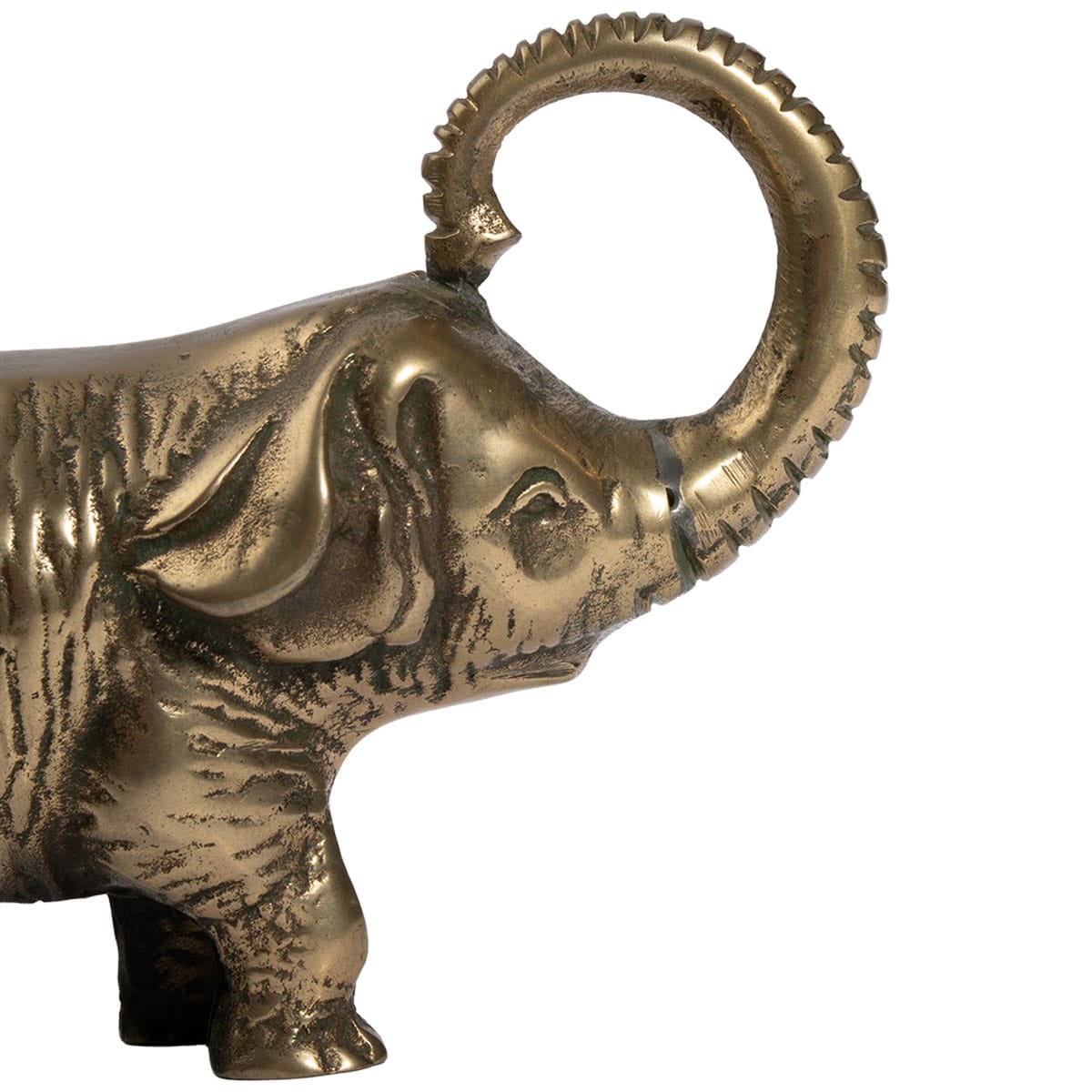 Close-up of vintage cast iron elephant sculpture with extended trunk and aged greenish patina.