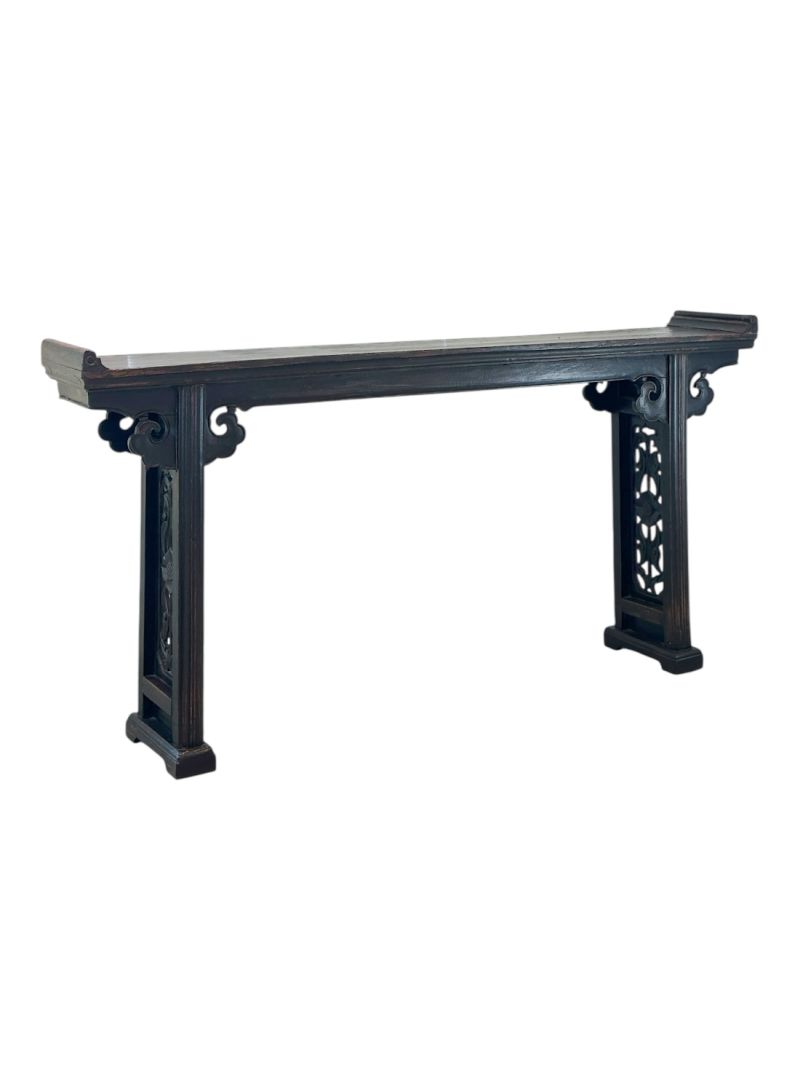 Ornate double-sided altar table with intricate carvings and aged lacquered finish, Shanxi Region, China, Mid 20th Century.