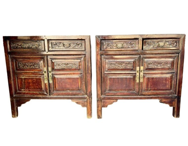 Pair of Vintage Chinese Mid-Century Elm Bedside