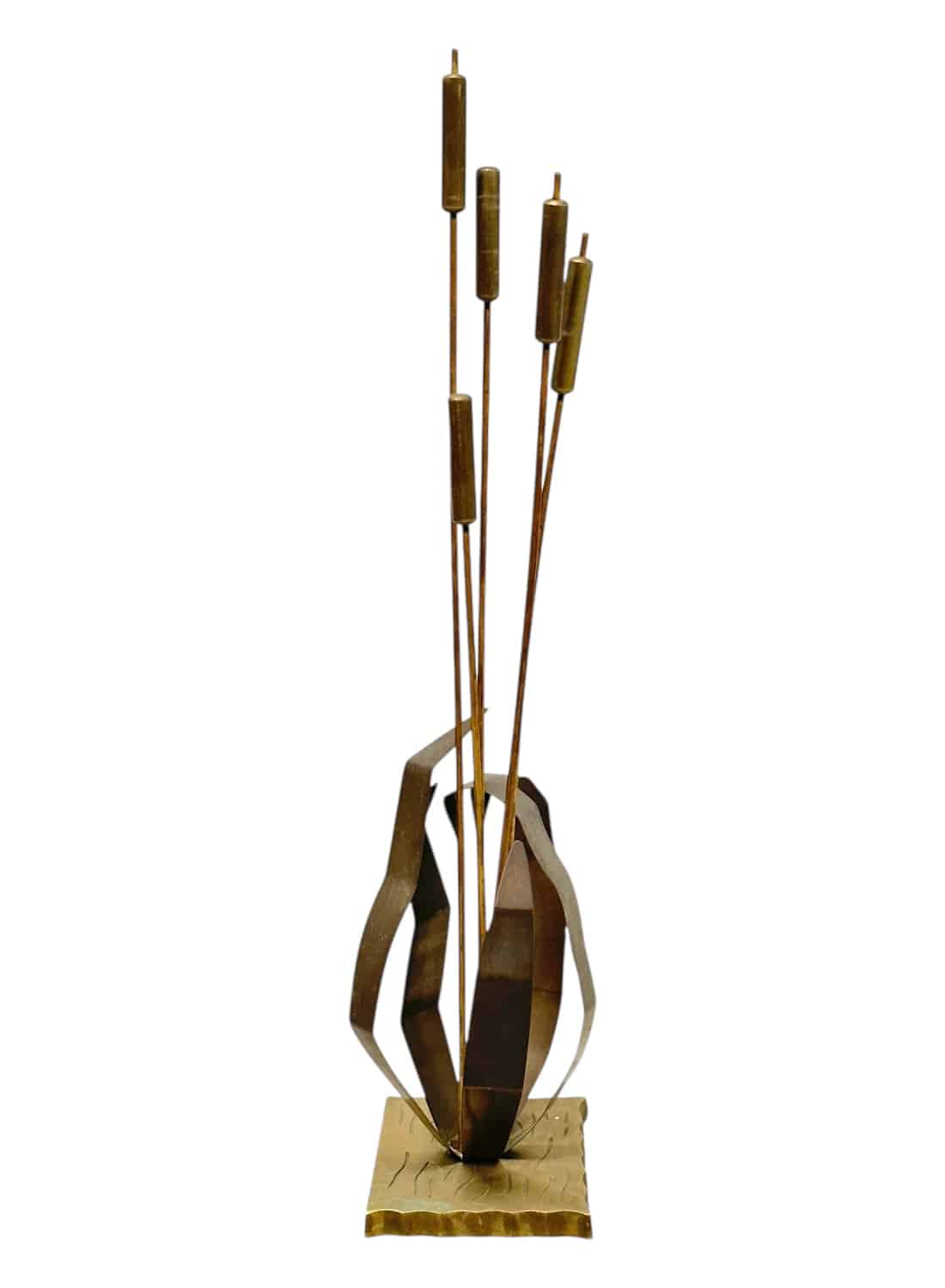 Vintage brass cattail sculpture in close-up, showcasing intricate design details.