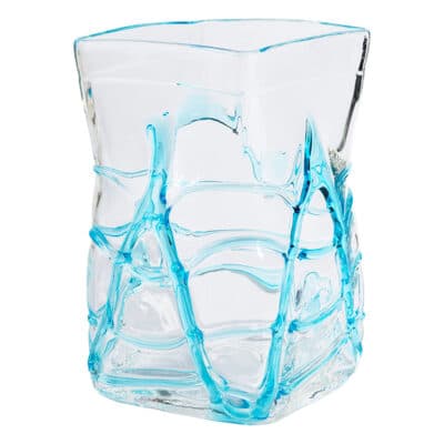 Vintage Modern Wavy Blue and Clear Glass Square Vase