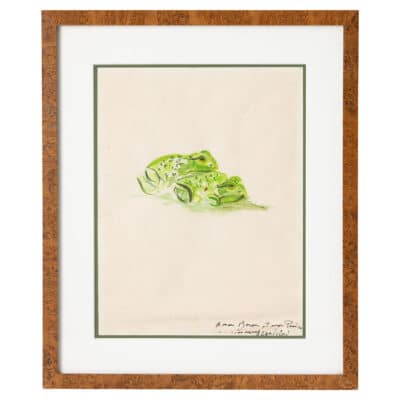 Vintage Watercolor of Two Green Frogs in Repose