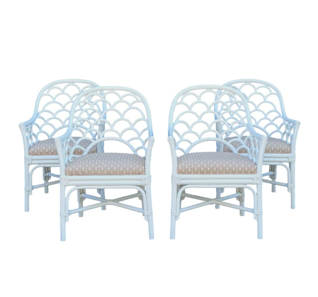 Set of 4 Vintage White Rattan Dining Chairs