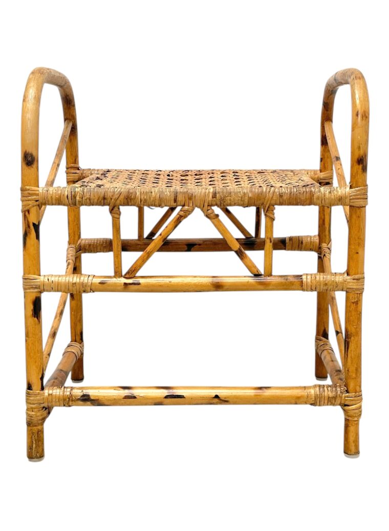 Vintage Burnt Bamboo and Rattan Stool - Image 2