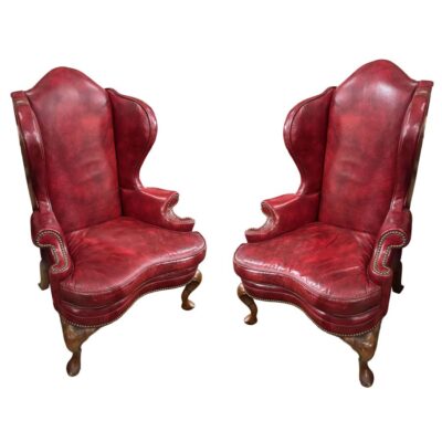 Pair of Vintage Red Leather English Style Wingback Chairs
