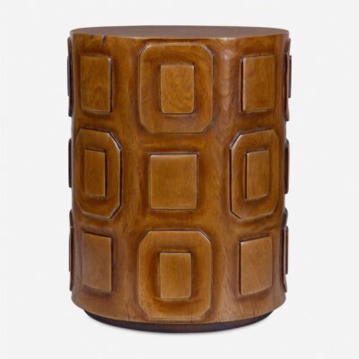 Round Wood Side Table with Geometric Design