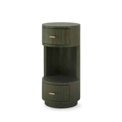 Round Lacquered Grasscloth 2 Drawer Side Table