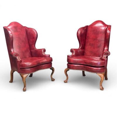 Pair of Vintage Red Leather English Style Wingback Chairs