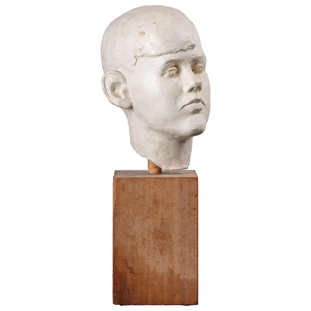 Vintage White Cast Plaster Boy's Head on Wood Block Base