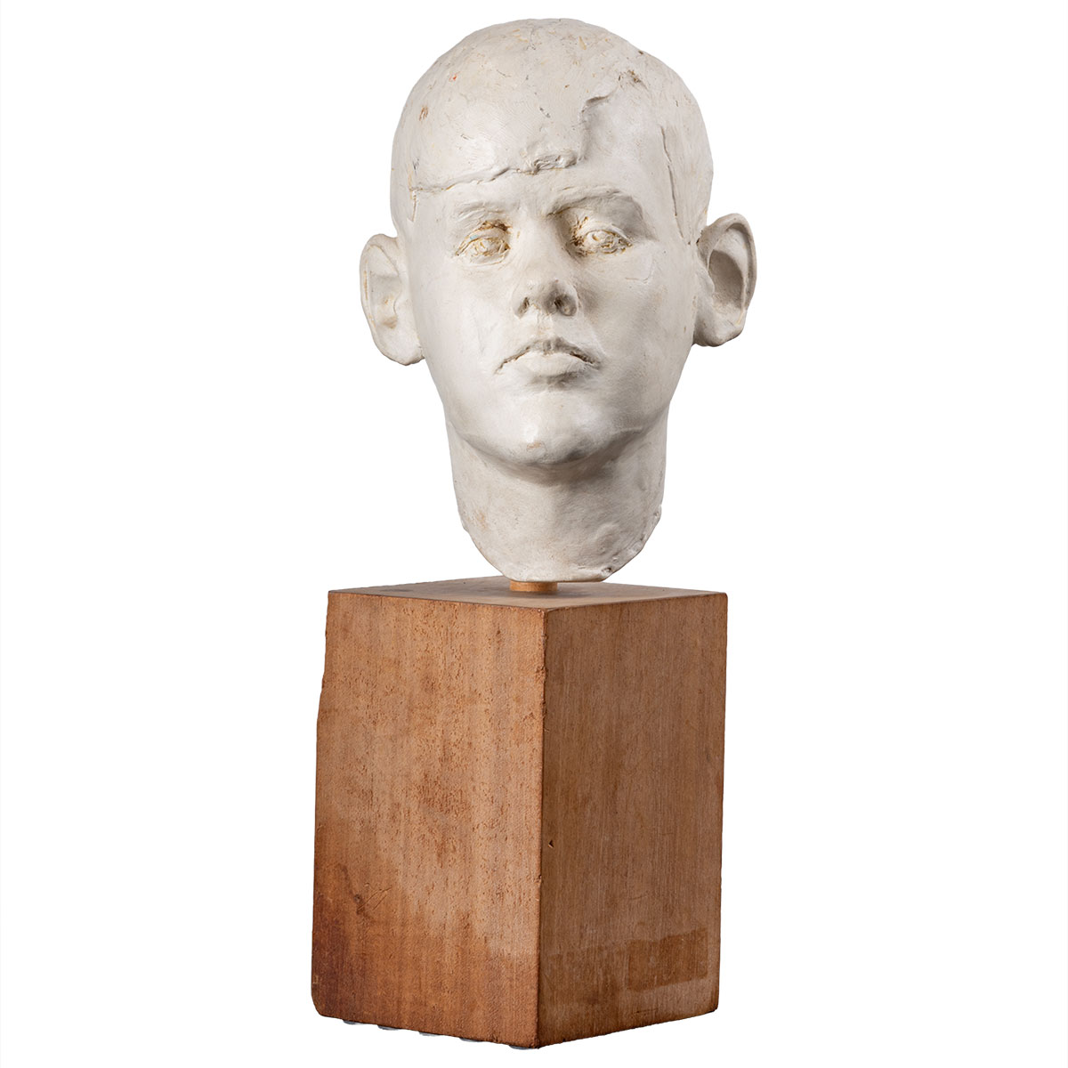 Vintage White Cast Plaster Boy's Head on Wood Block Base - Image 2