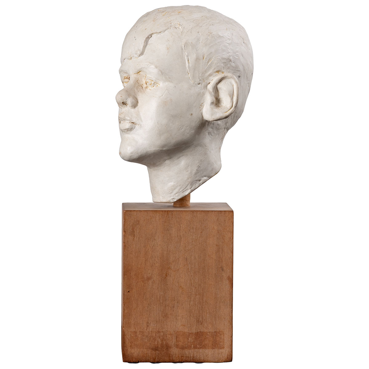 Vintage White Cast Plaster Boy's Head on Wood Block Base - Image 3