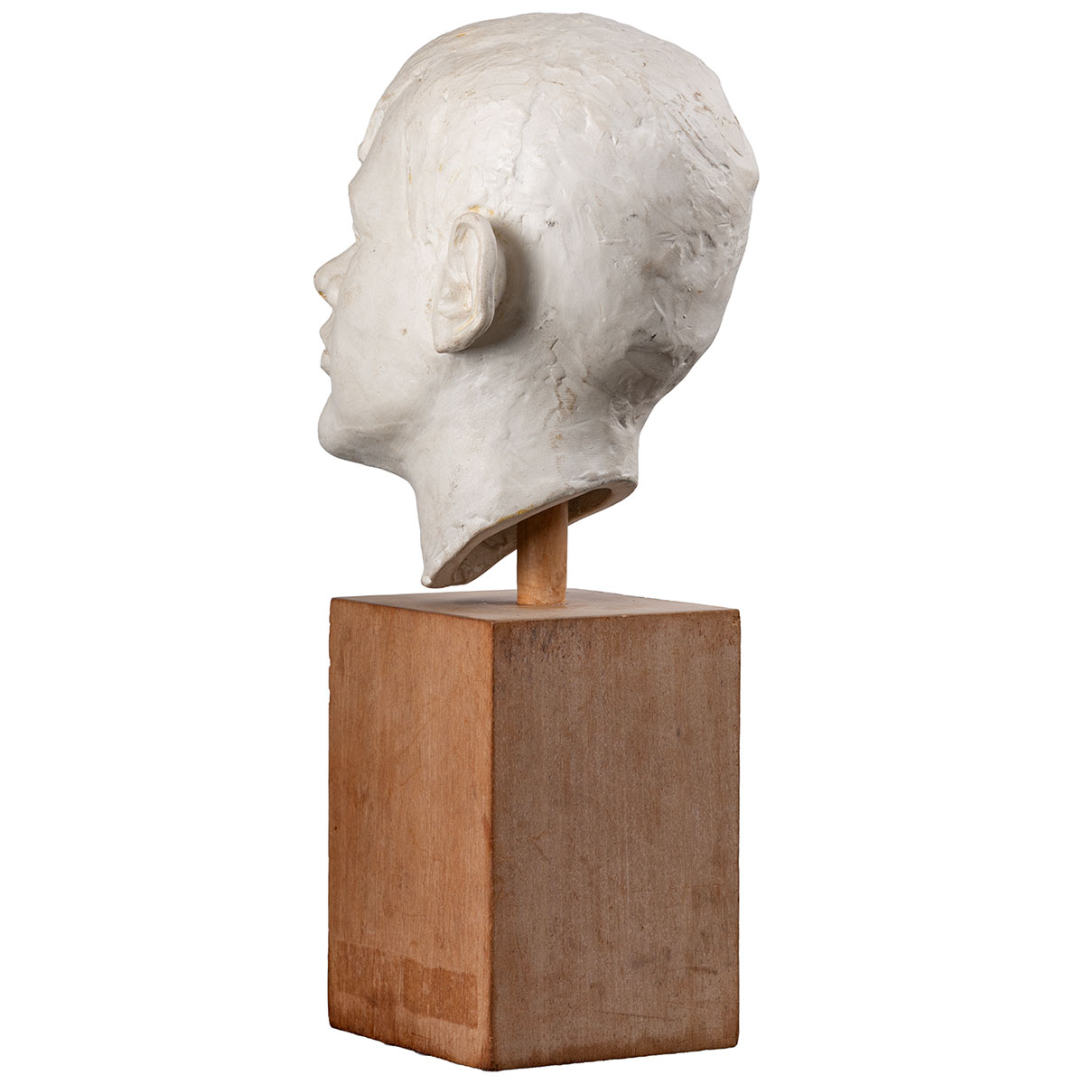 Vintage White Cast Plaster Boy's Head on Wood Block Base - Image 4