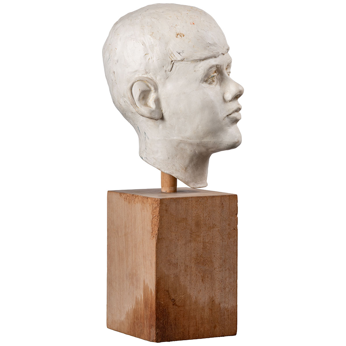 Vintage White Cast Plaster Boy's Head on Wood Block Base - Image 7