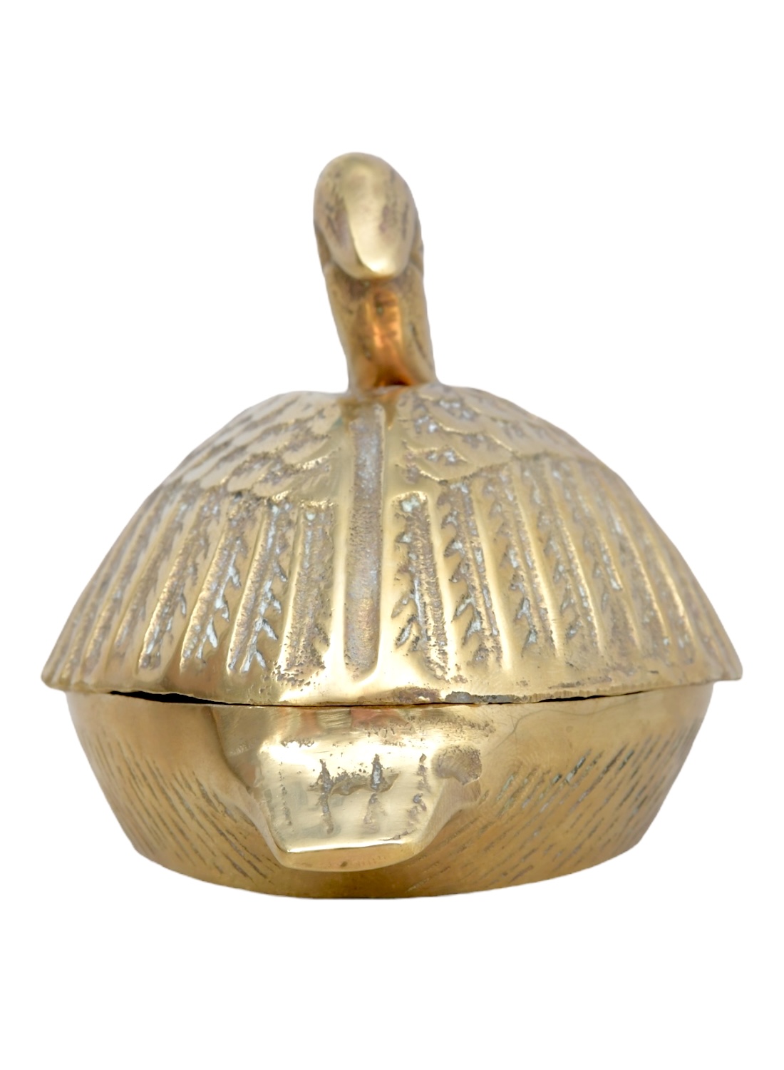 Golden vintage pelican box with intricate design, front view.