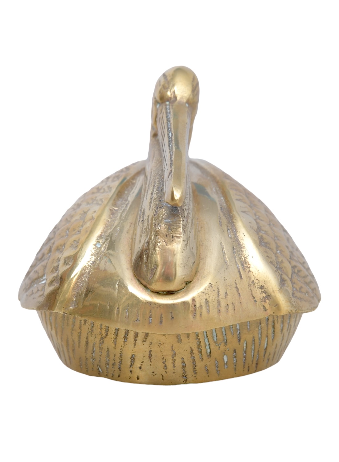 Close-up of vintage brass pelican box with intricate detailing, showcasing its antique charm.