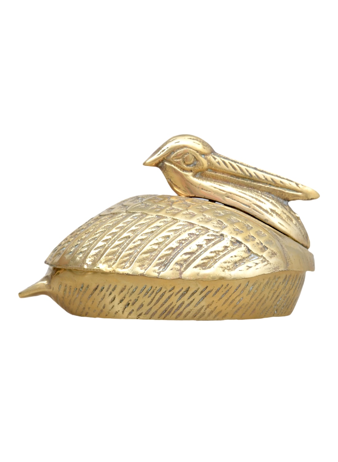Gold-colored vintage pelican box, front view highlighting intricate details.