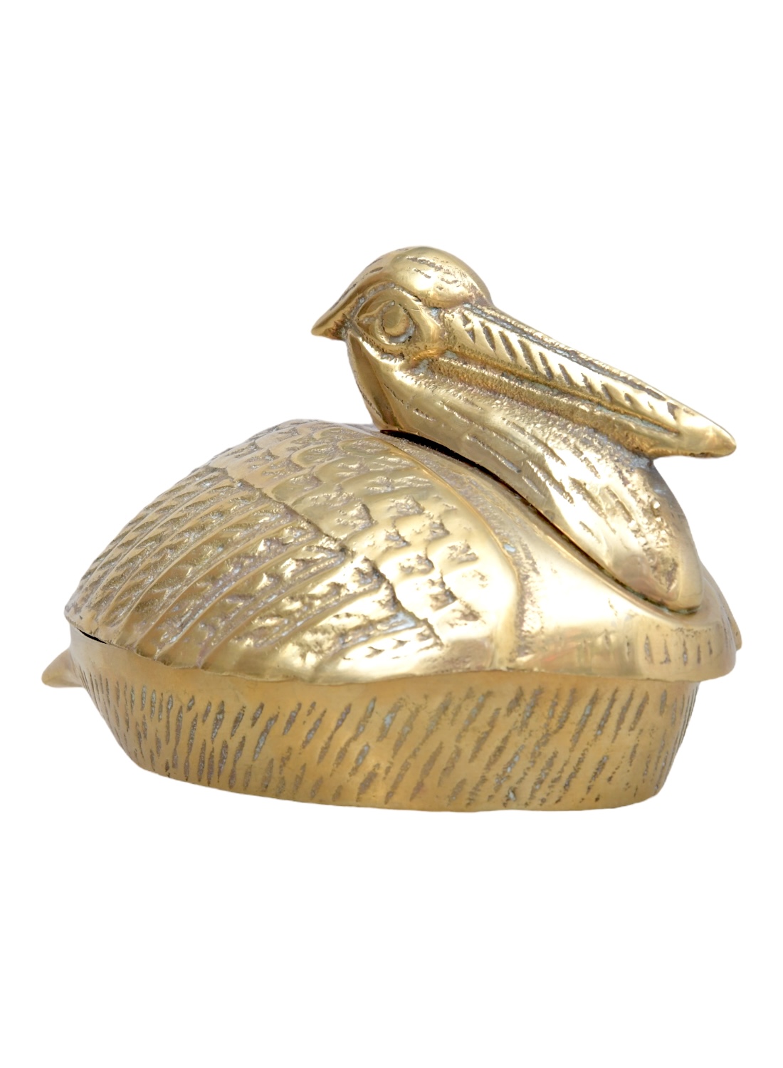 Golden vintage pelican figurine, intricately detailed, perfect for art enthusiasts.