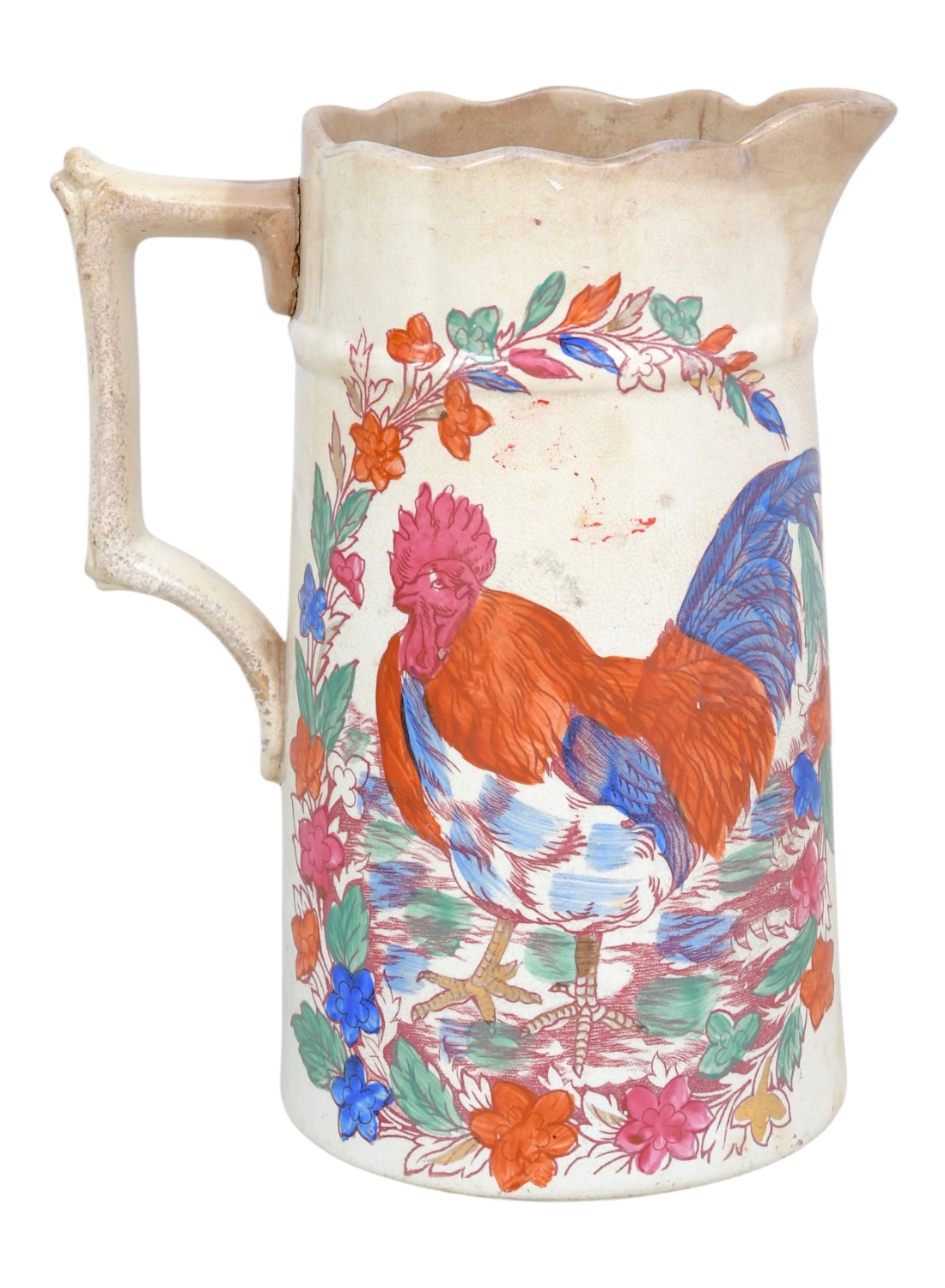 Antique Hand Painted Rooster and Peacock Pitcher - Image 2