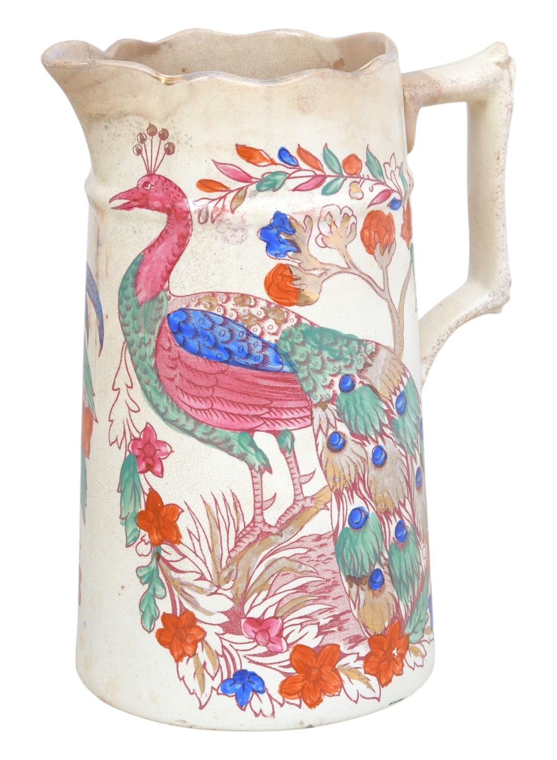 Antique Hand Painted Rooster and Peacock Pitcher
