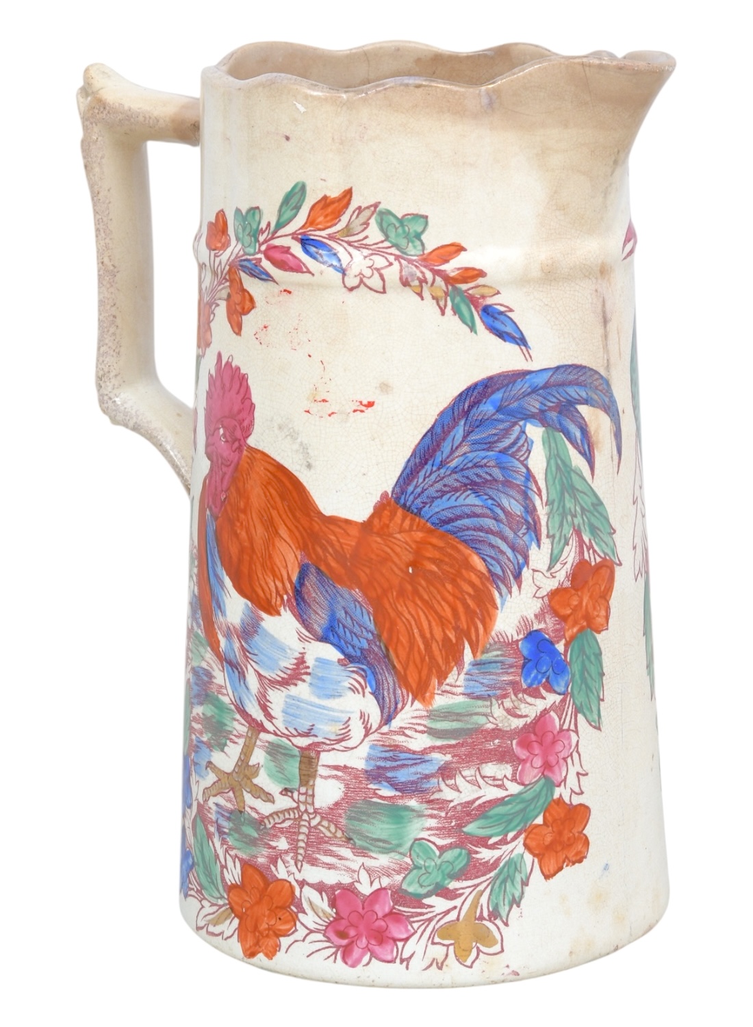 Antique Hand Painted Rooster and Peacock Pitcher - Image 3