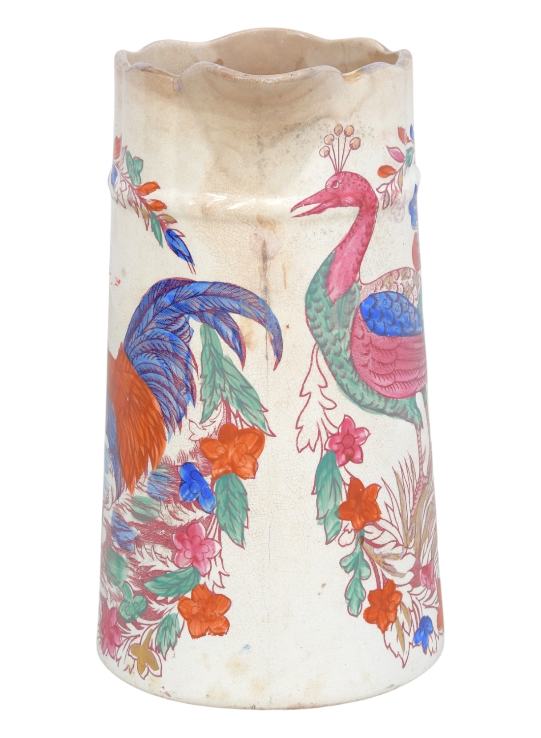 Antique Hand Painted Rooster and Peacock Pitcher - Image 4