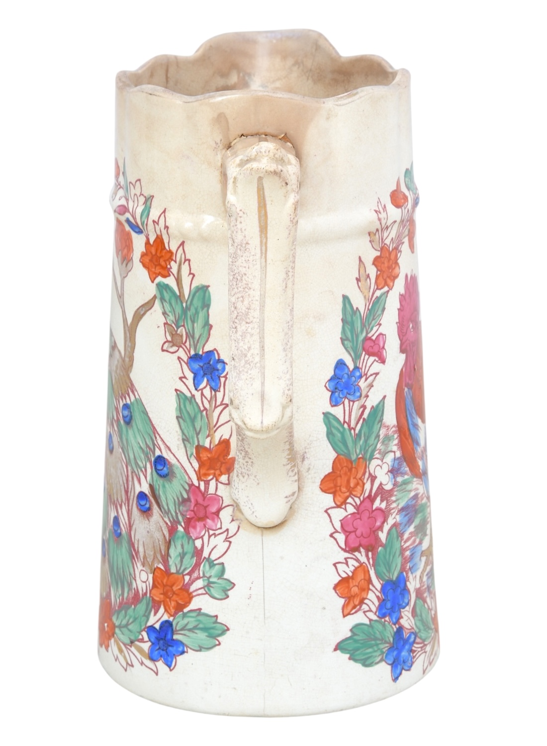 Antique Hand Painted Rooster and Peacock Pitcher - Image 6