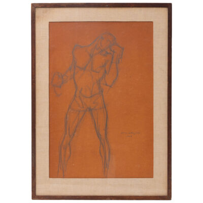 Vintage Original Pencil Hand Drawn Image of Male Boxer