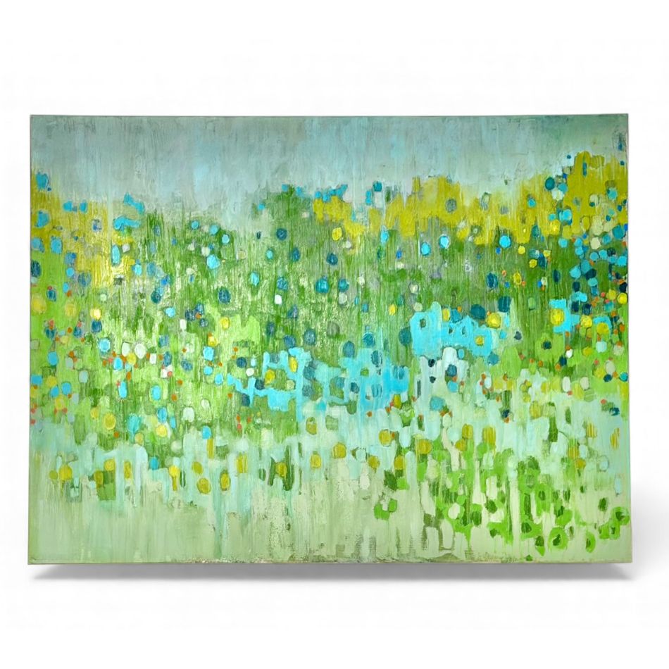 Vibrant Rainy Day Original Art by Shelley Marron, oil on canvas in vivid blues and greens.