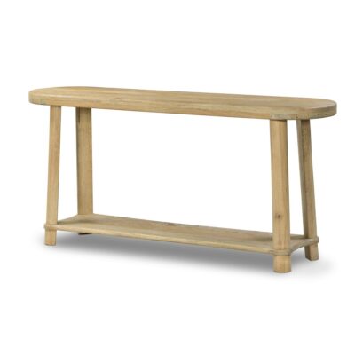 Natural mango wood console, oval shape, light finish, splayed legs, lower shelving, arriving in Palm Beach in February.